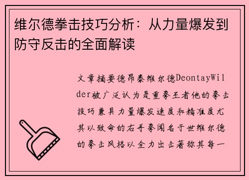 维尔德拳击技巧分析：从力量爆发到防守反击的全面解读